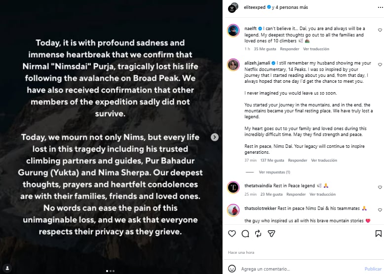 La noticia fue confirmada por la empresa del montañista a través de un comunicado en redes sociales (Foto: Instagram @eliteexped)