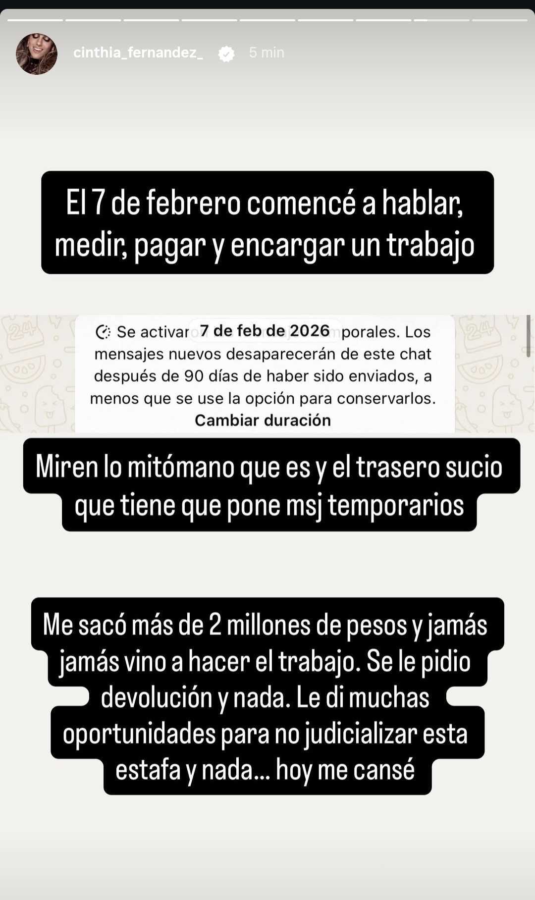 La denuncia que hizo Cinthia Fernández en sus redes. (Foto: Instagram/cinthia_fernandez_)