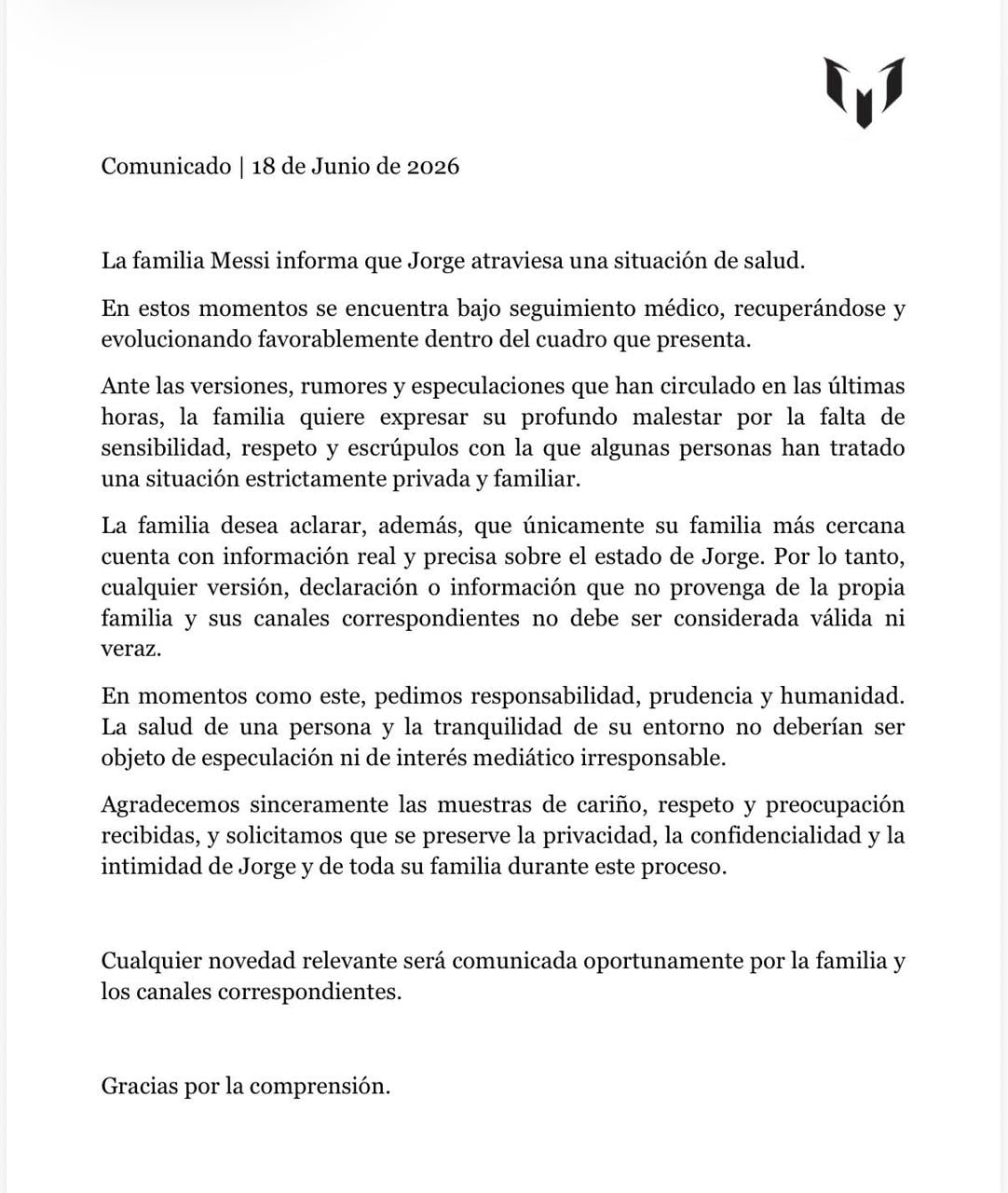 Comunicado familia messi