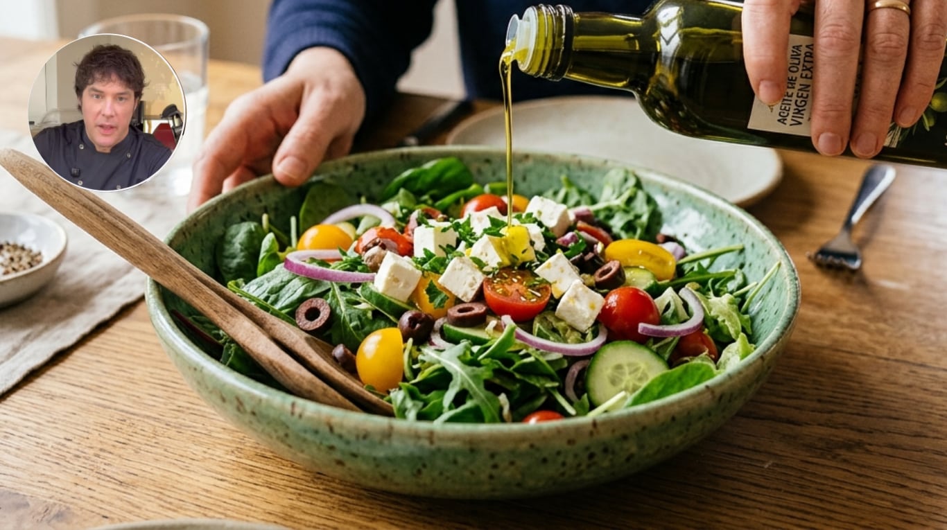 Jordi Cruz, cocinero: “Para aliñar la ensalada hay que respetar el orden: primero 50 ml de vinagre, después la sal y el aceite”. (Imagen ilustrativa IA Gemini- Instagram/@jordicruzoficial)