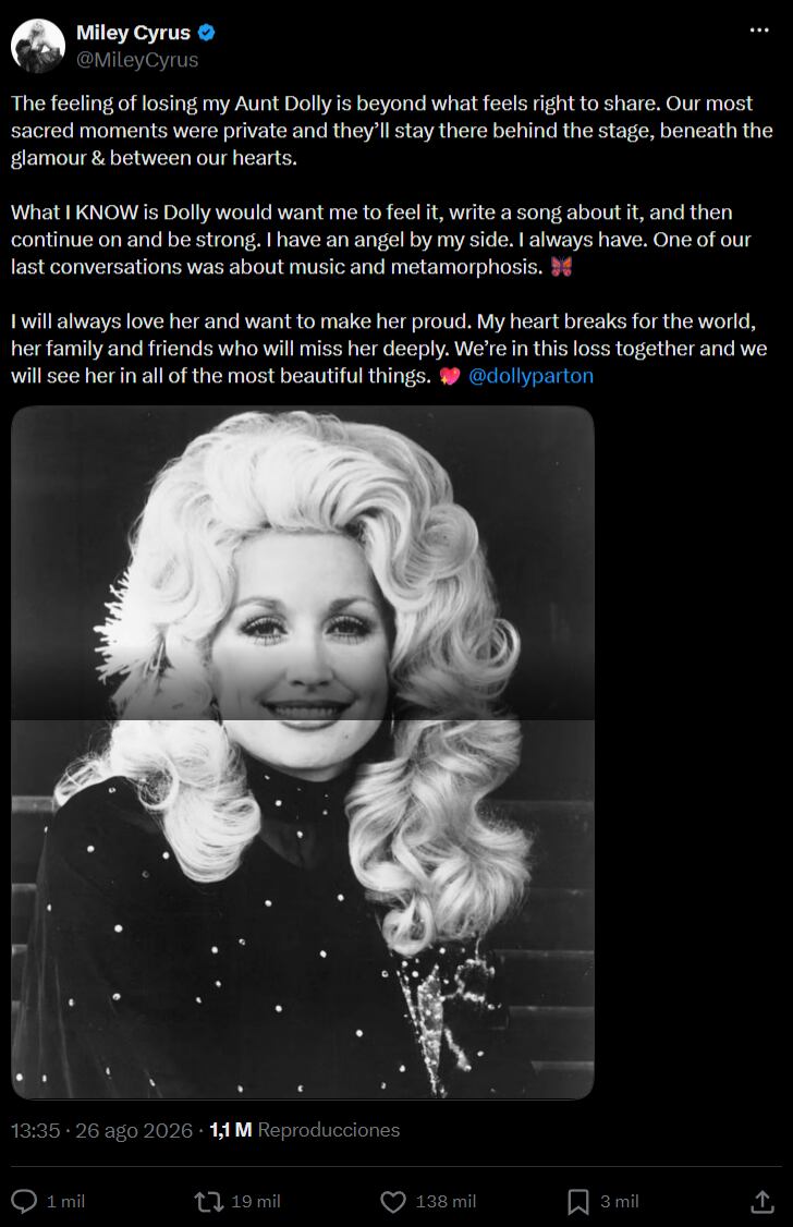 La despedida a Dolly Parton. (Fuente: Twitter/@MileyCyrus)