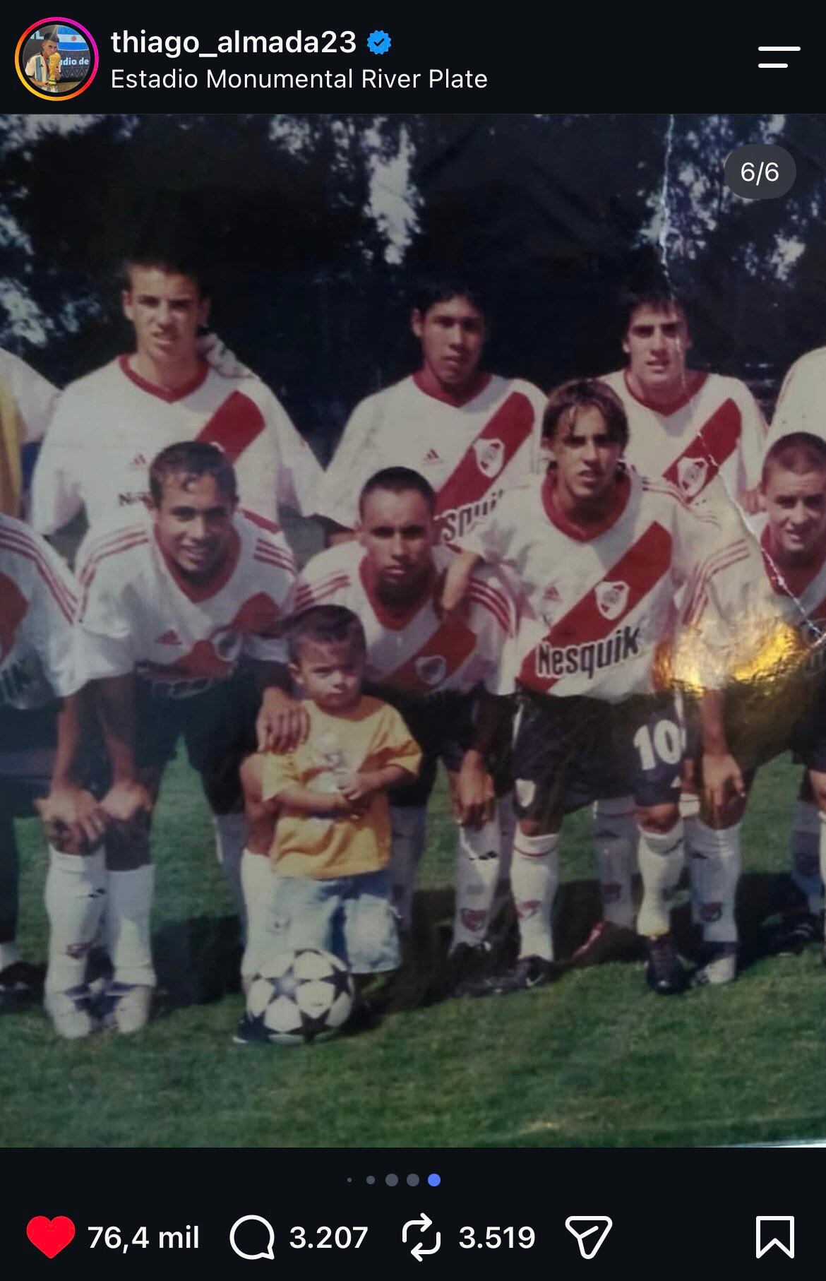 La publicación de Thiago Almada tras el triunfo de River sobre Argentinos. (Foto: @thiago_almada23 en Instagram)