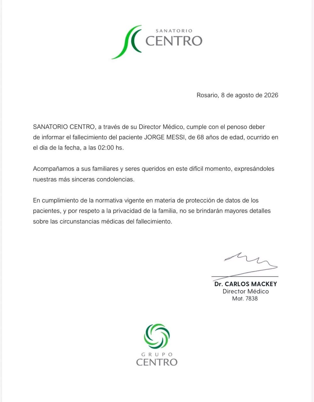 El comunicado del sanatorio por la muerte de Jorge Messi