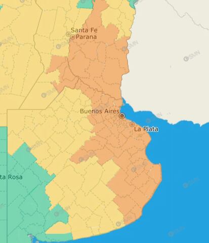 Las zonas en las que rige la alerta naranja por tormentas. (Captura SMN)