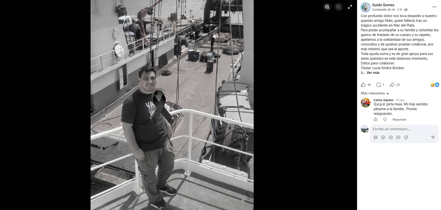 Un amigo de Vandecaveye lamentó su trágica muerte y pidió una colaboración para ayudar a la familia con los gastos del traslado y sepelio. (Foto: Facebook Guido Gómez.)