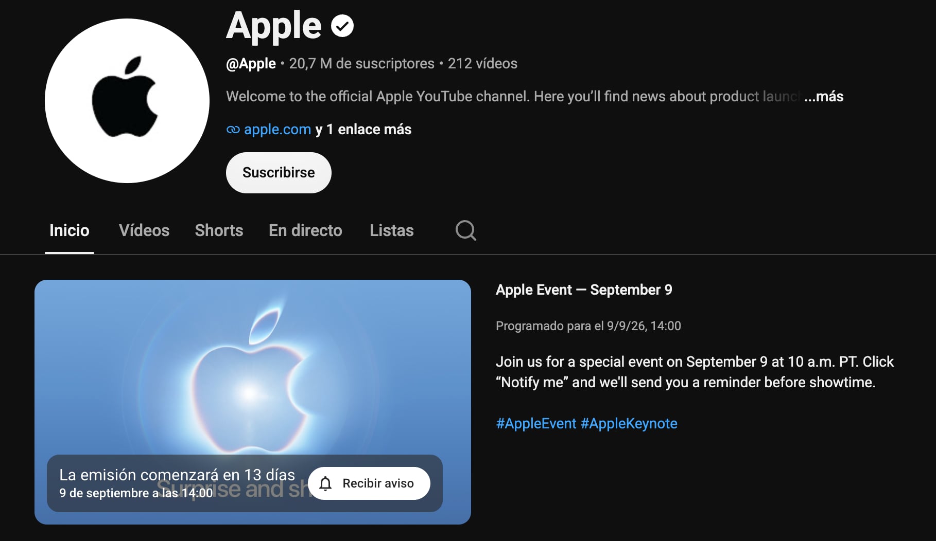 El perfil oficial de Apple en YouTube ya está preparado para la presentación de los nuevos iPhone. (Foto: Captura)