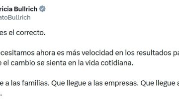 Patricia Bullrich reclamó al Gobierno una mayor velocidad en los resultados económicos, en otro gesto de diferenciación
