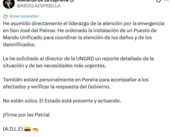 Abelardo de la Espriella, presidente de Colombia, sobre el terremoto: “No están solos”
