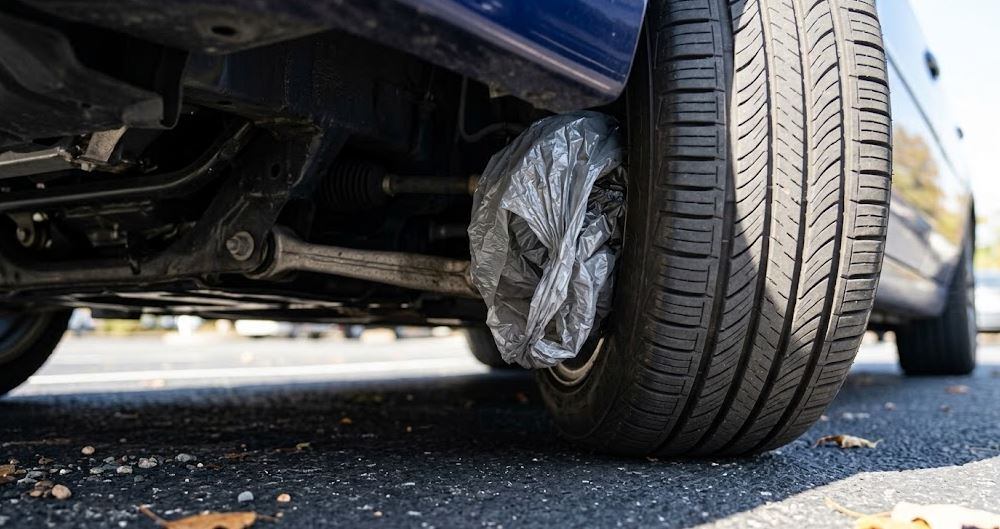 Qué hacer si encontrás una bolsa en la rueda del auto. (Foto: Imagen generada con IA-Gemini)