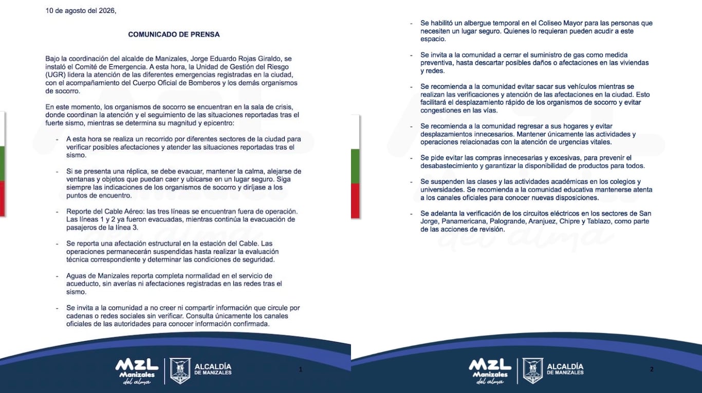 El comunicado del municipio de Manizales. (Foto: X @JorgeERojasG)