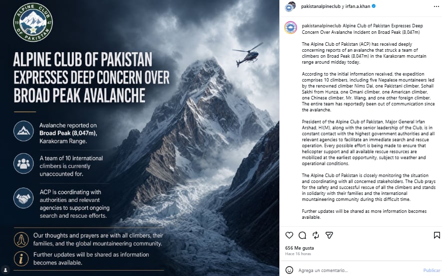 El comunicado del Alpine Club de Pakistán (Foto: Instagram @pakistanalpineclub)