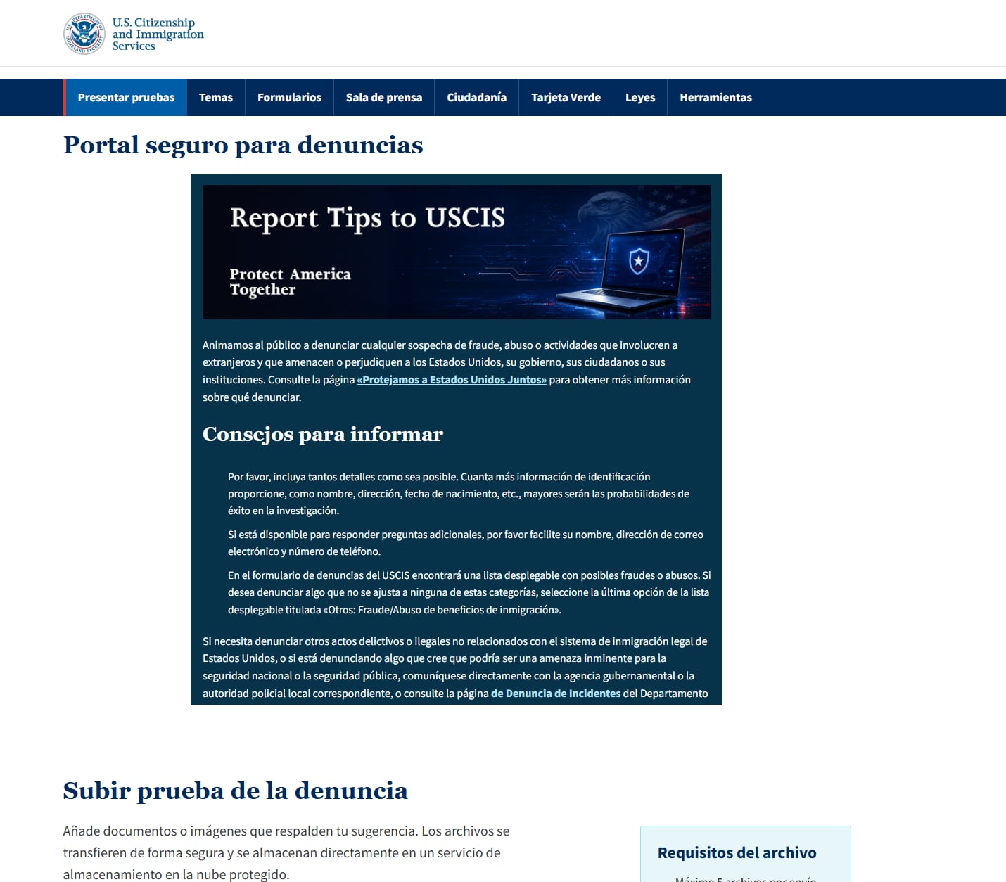 Así se ve el portal del Uscis para realizar denuncias