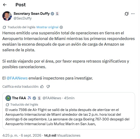 El posteo del secretario de transporte de Estados Unidos en X