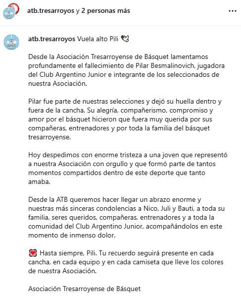 El comunicado en las redes sociales de la ATB de Tres Arroyos. (Foto: atb.tresarroyos/Instagram)