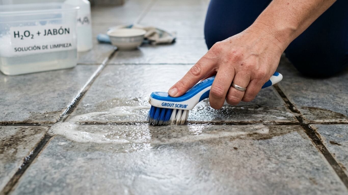 El agua oxigenada y unas gotas de jabón pueden utilizarse para limpiar las juntas de las baldosas, según el método compartido por la experta. (Foto: Imagen ilustrativa generada con IA)