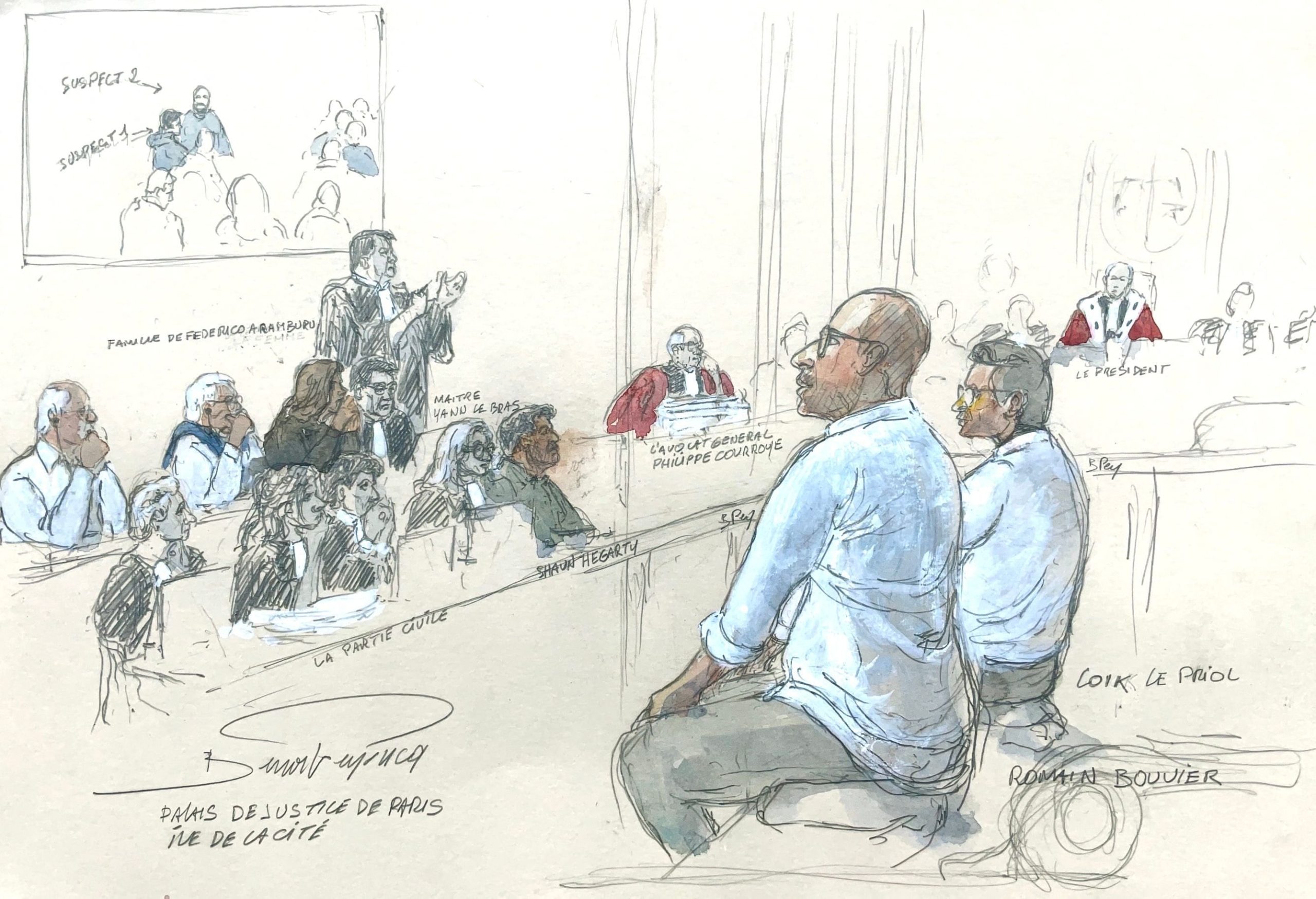 Este dibujo de la sala del tribunal, realizado el 9 de septiembre de 2026, muestra a los activistas de extrema derecha Loik Le Priol (segundo por la derecha), de 32 años, y Romain Bouvier (tercero por la derecha), de 35, durante la tercera jornada de su juicio ante el Tribunal de lo Penal de París por el asesinato de Federico Martín Aramburú