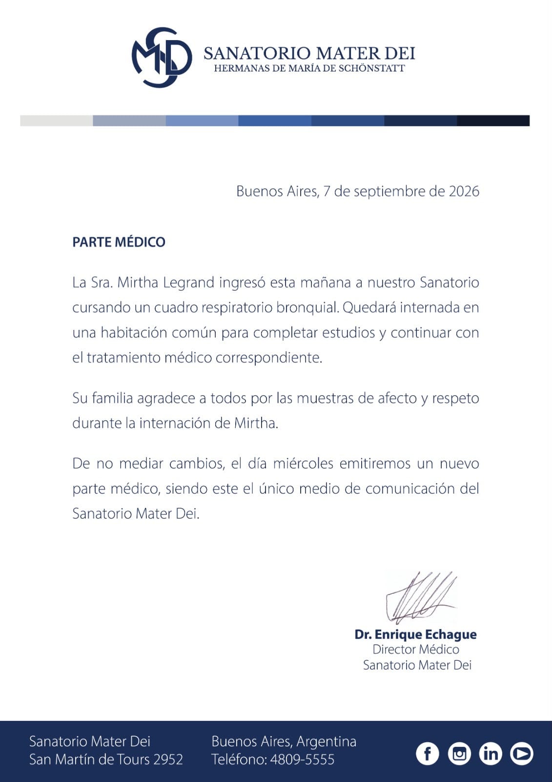 El parte médico de Mirtha Legrand. (Foto: Sanatorio Mater Dei)