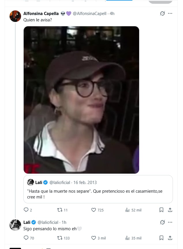 Lali Espósito reafirmó lo que piensa sobre el casamiento (Foto: captura X/lalioficial)