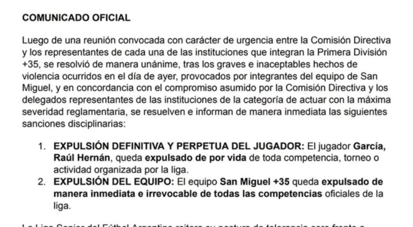 “Expulsión definitiva y perpetua”: la dura sanción al futbolista que agredió a un juez de línea en un partido de la liga Senior