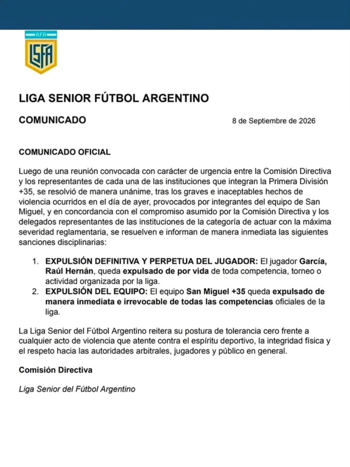 La Liga Senior expulsó al futbolista y a San Miguel de la categoría. (Foto: IG/ligaseniorfutarg)