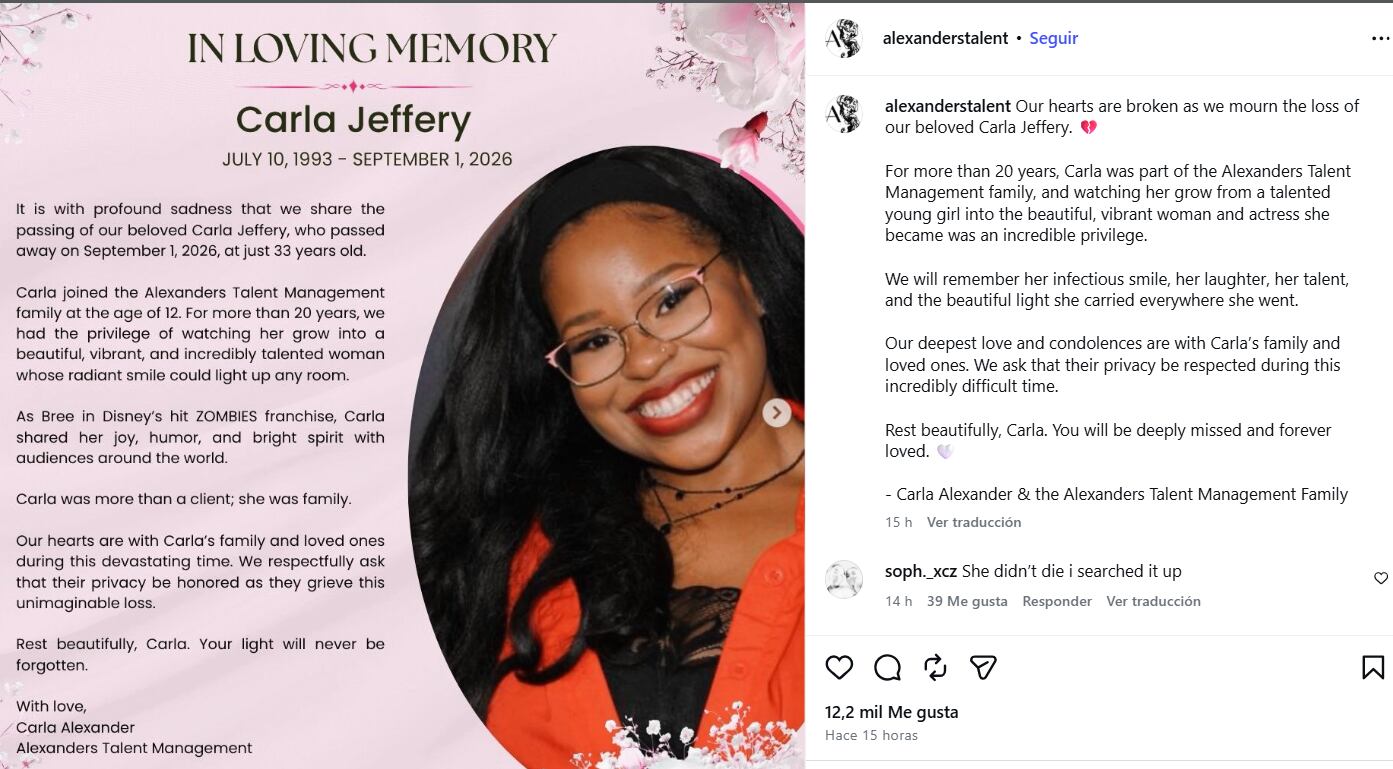 El anuncio de la muerte de Carla Jeffery. (Foto: Instagram/alexanderstalent)