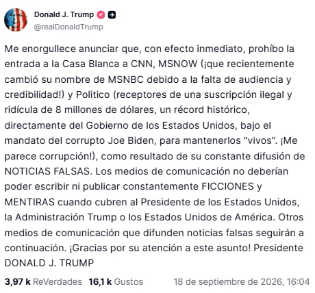 Trump vetó a CNN y dos medios estadounidenses de la Casa Blanca