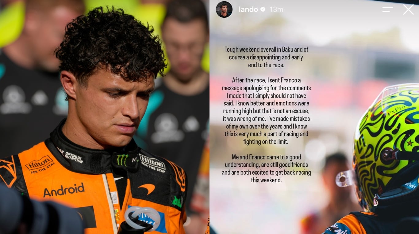 A través de una historia en su cuenta de Instagram, el piloto británico reveló que se comunicó de manera privada con Franco Colapinto para pedirle disculpas por haberlo atacado al término de la carrera. (Reuters / Lando Norris IG)