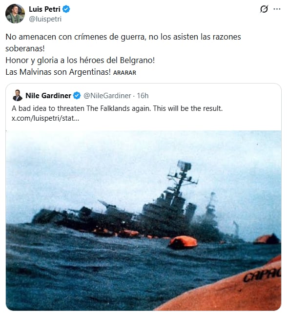 El cruce entre Petri y Gardiner sobre Malvinas en X. (Foto: X/LuisPetri)