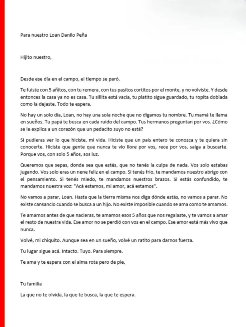 La carta de la familia de Loan Danilo Peña. (Foto: Diario Época Corrientes)