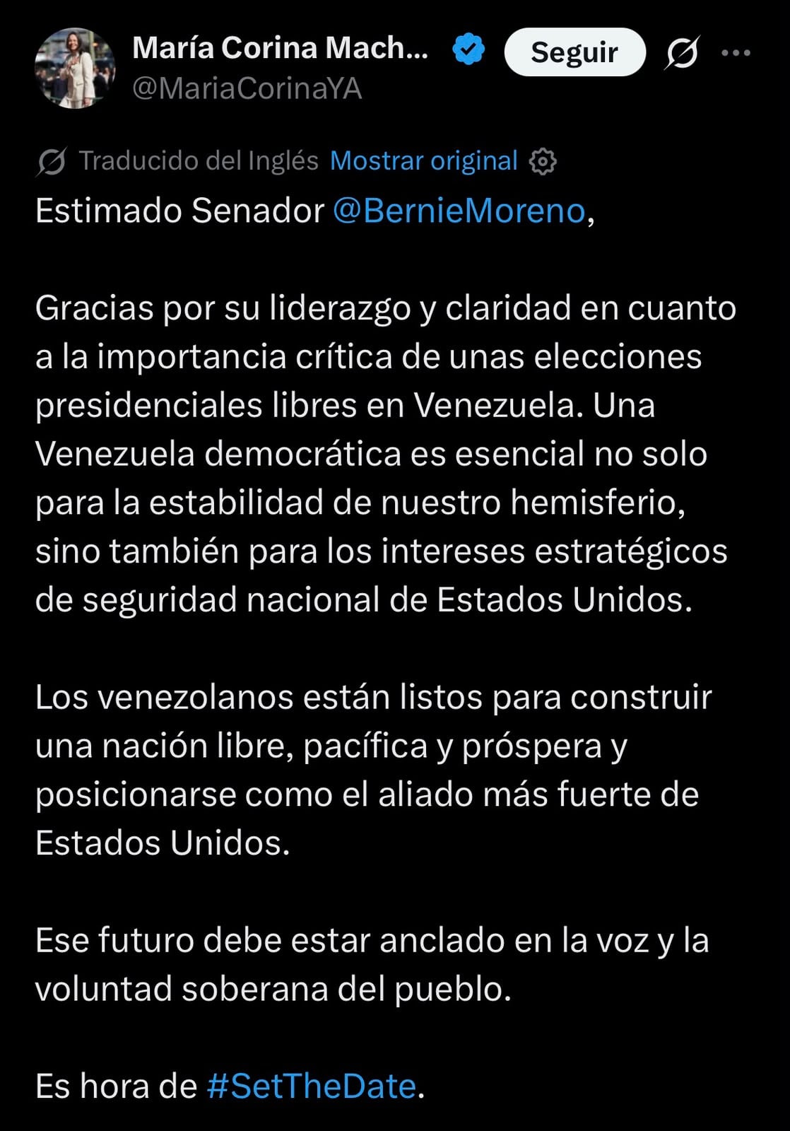 María Corina Machado respaldó el planteo de Bernie Moreno y pidió avanzar con la definición de una fecha para las elecciones presidenciales