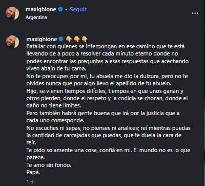 El último mensaje del actor Maxi Ghione antes de ser detenido en Santa Fe.