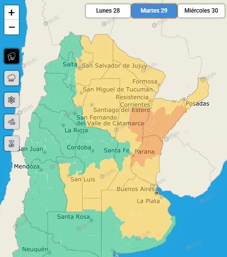 Zonas bajo alerta amarilla por tormentas. (Foto: SMN)