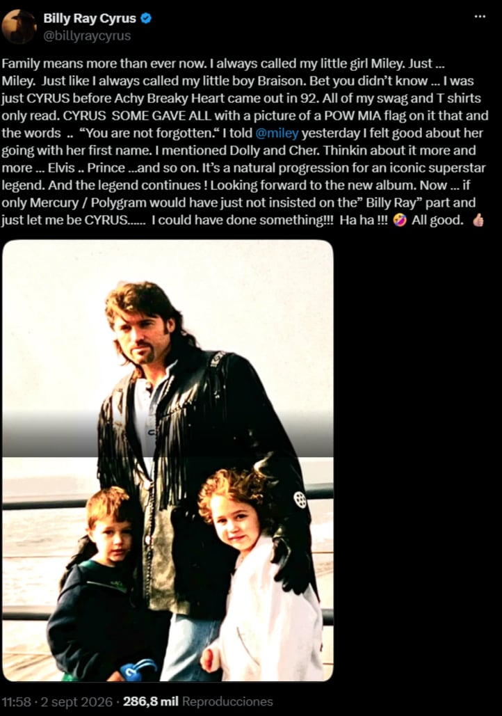 La declaración sobre el cambio de nombre de su hija. (Fuente: Twitter/@billyraycyrus)