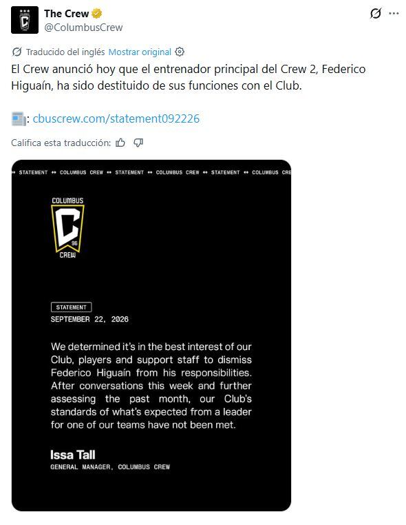 El comunicado del Columbus. (Foto: @ColumbusCrew/X)