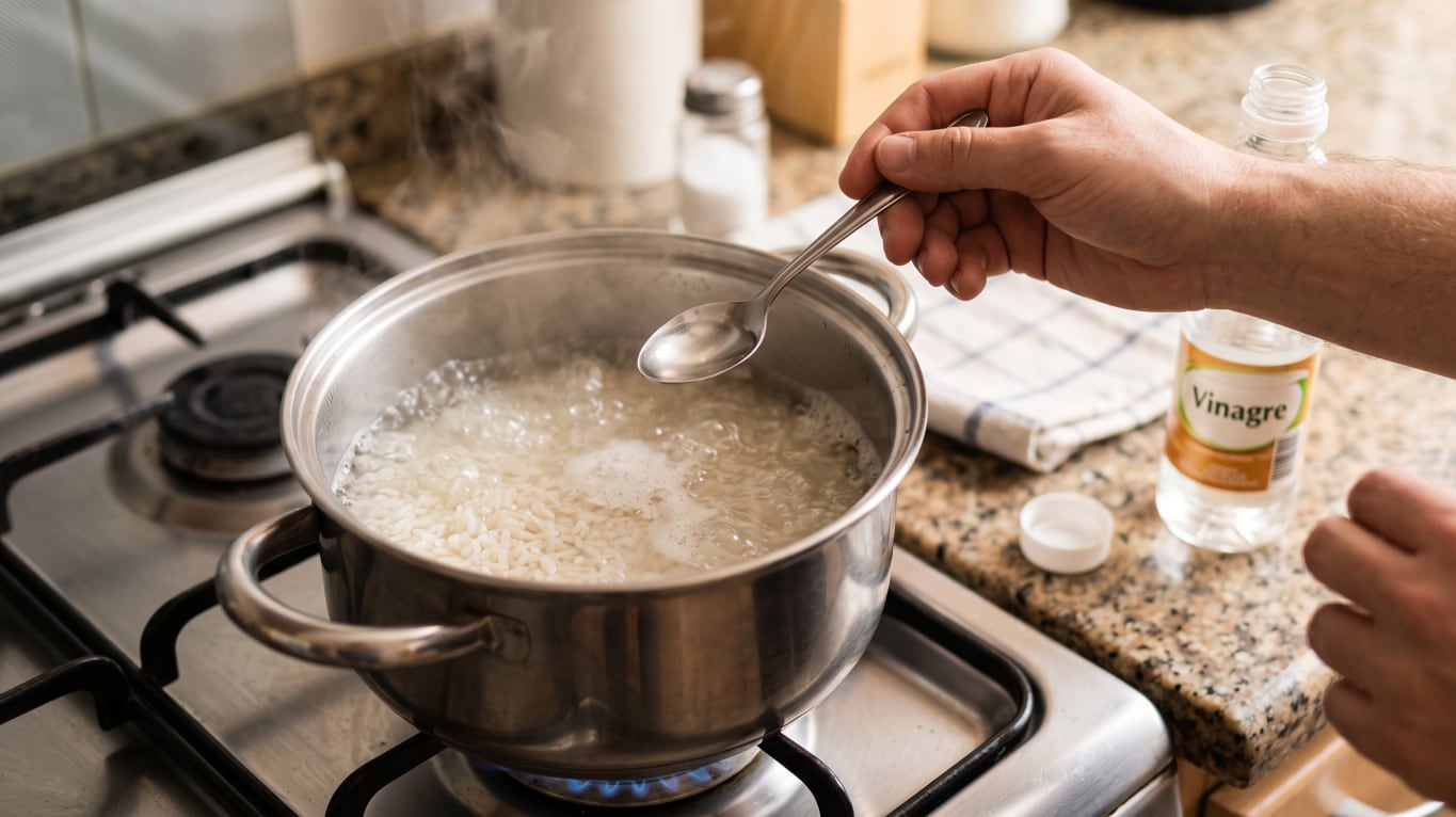 Agregar una cucharadita de vinagre al agua donde hervís el arroz: para qué sirve y por qué lo recomiendan los cocineros. (Foto: Imagen generada con IA-Gemini)