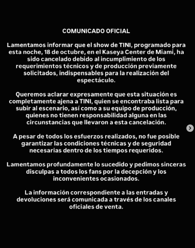 El comunicado que compartió la productora tras la cancelación del show de Tini Stoessel en Miami. (Foto: Instagram / akemusic)