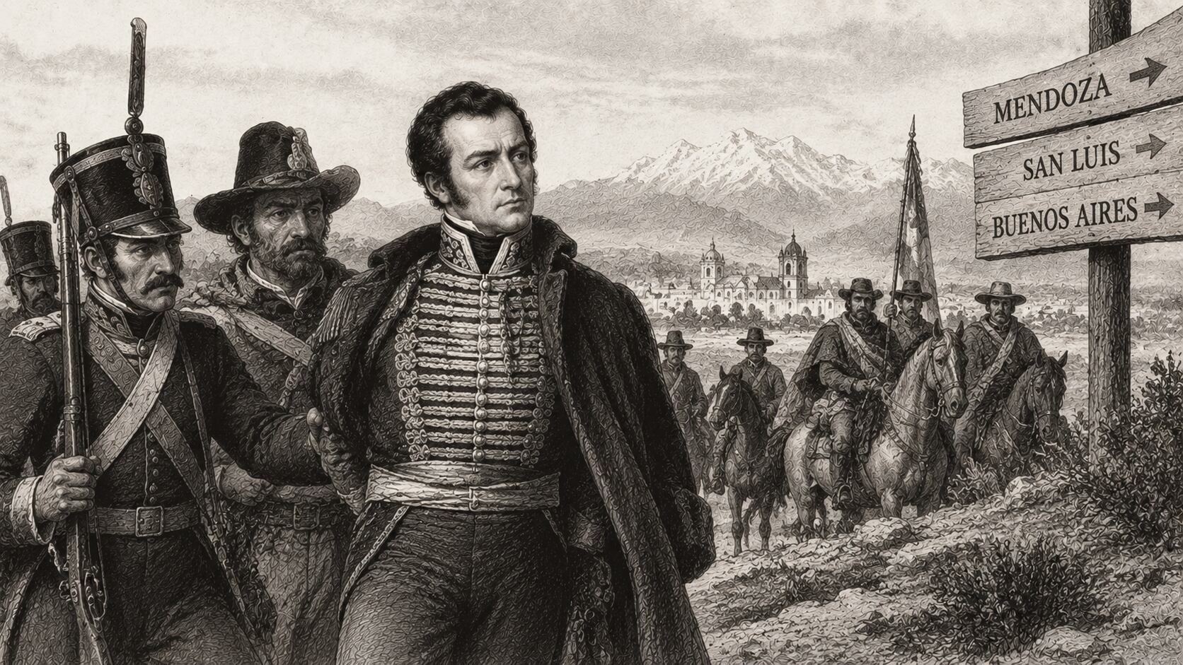 Representación de la captura de José Miguel Carrera, tras ser derrotado en Cuyo y entregado por algunos de sus propios hombres. Fue fusilado en Mendoza el 4 de septiembre de 1821. (Imagen generada con IA).