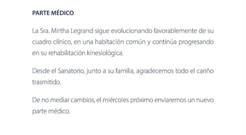 Difundieron un nuevo parte médico de Mirtha Legrand