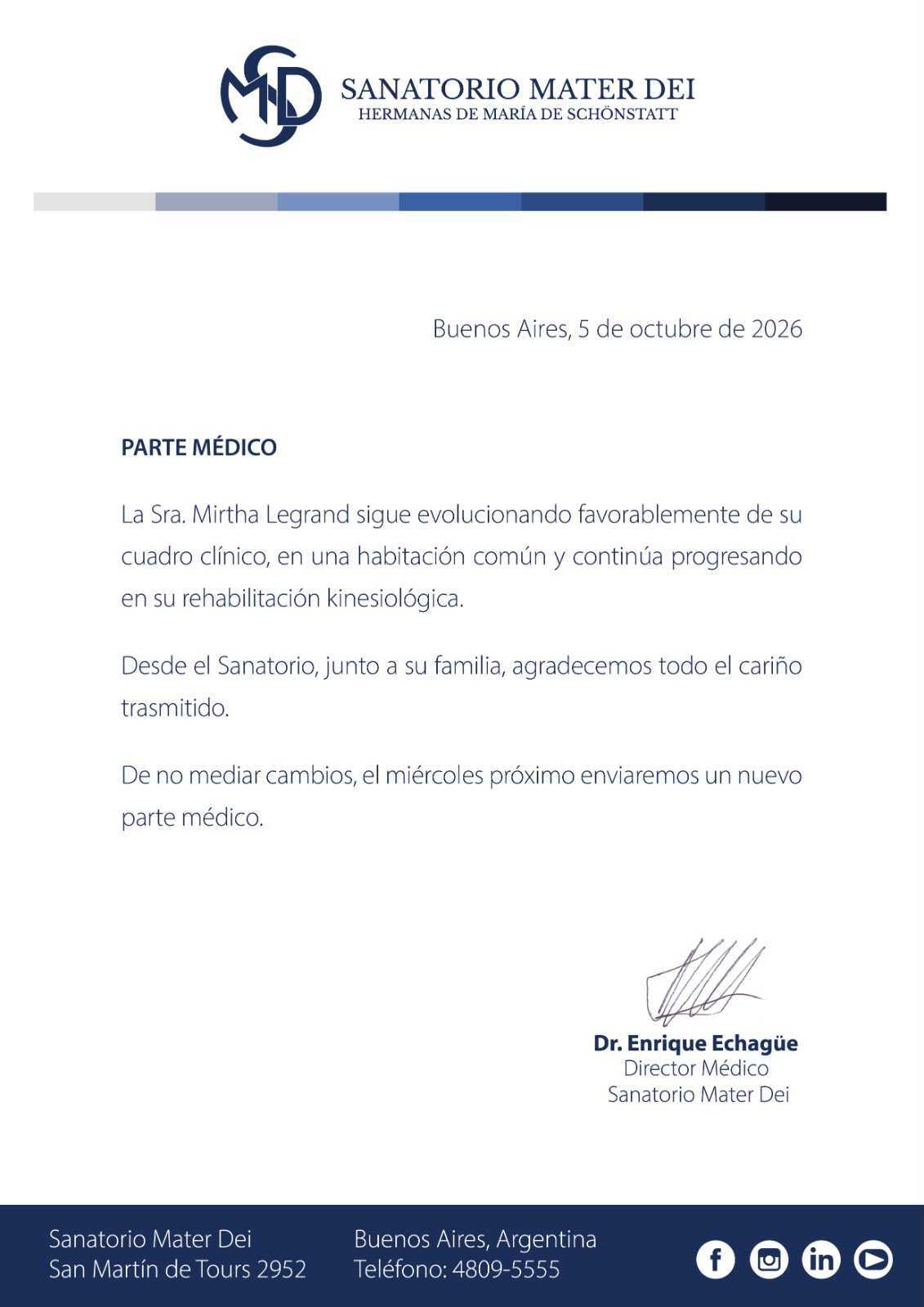Parte médico de Mirtha Legrand del 5 de octubre de 2026. (Foto: Sanatorio Mater Dei)