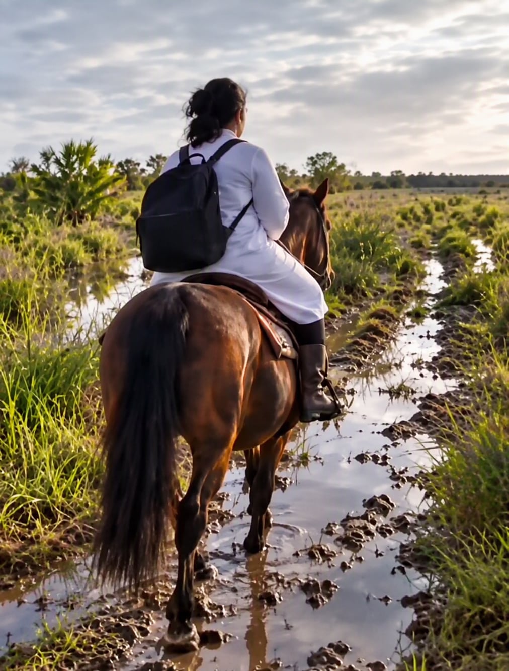 La maestra atraviesa una estancia a caballo para llegar a la escuela