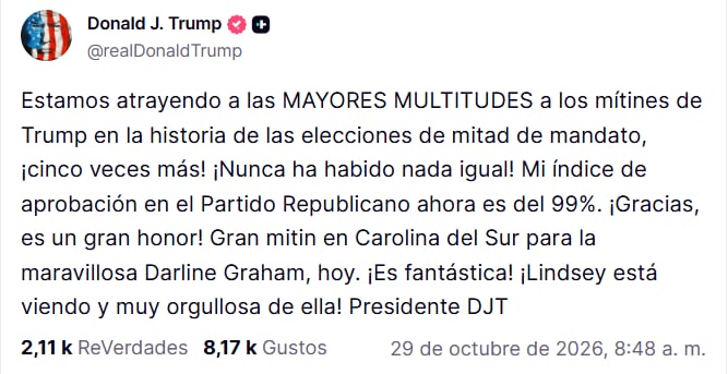 Donald Trump asegura que cuenta con el respaldo del Partido Republicano de cara a las midterms 2026