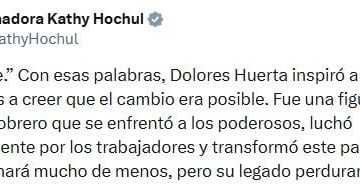 Kathy Hochul, tras la muerte de Dolores Huerta: “Fue una gigante del movimiento obrero que se enfrentó a los poderosos”