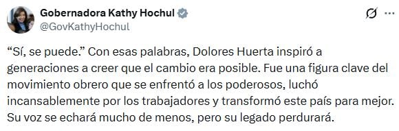La gobernadora de Nueva York, Kathy Hochul, despidió públicamente a la histórica dirigente sindical y activista de los derechos civiles Dolores Huerta
