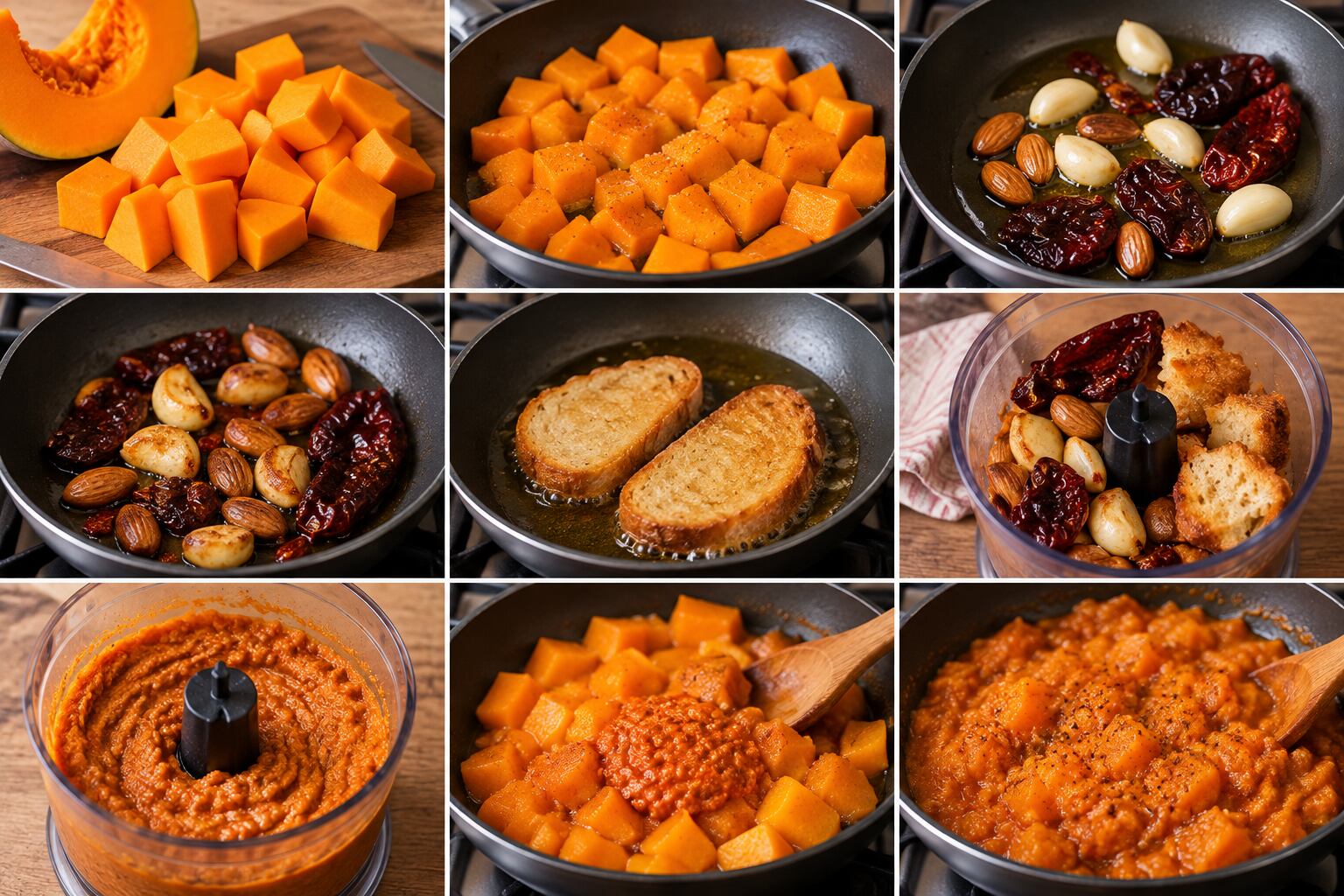 A diferencia del puré o la sopa, la calabaza se cocina directamente en una sartén y se mezcla con una salsa especiada hasta conseguir una consistencia cremosa. (Imagen generada con IA)