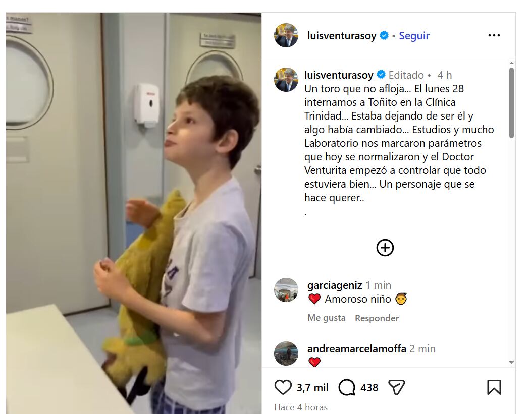 El posteo de Luis Ventura por la internación de su hijo menor. (Foto: Instagram/luisventurasoy)