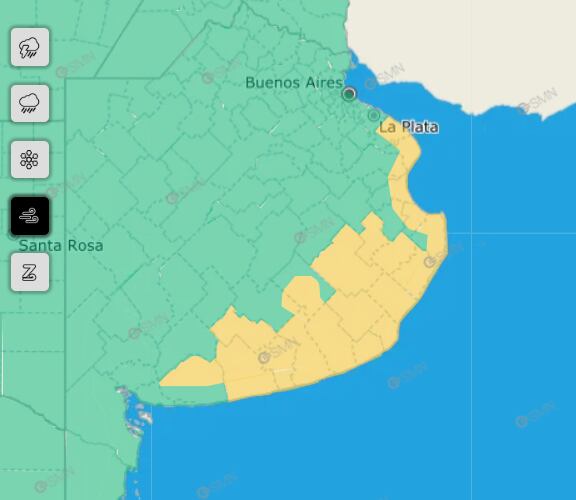 Zonas bajo alerta amarilla por vientos. (Foto: SMN)