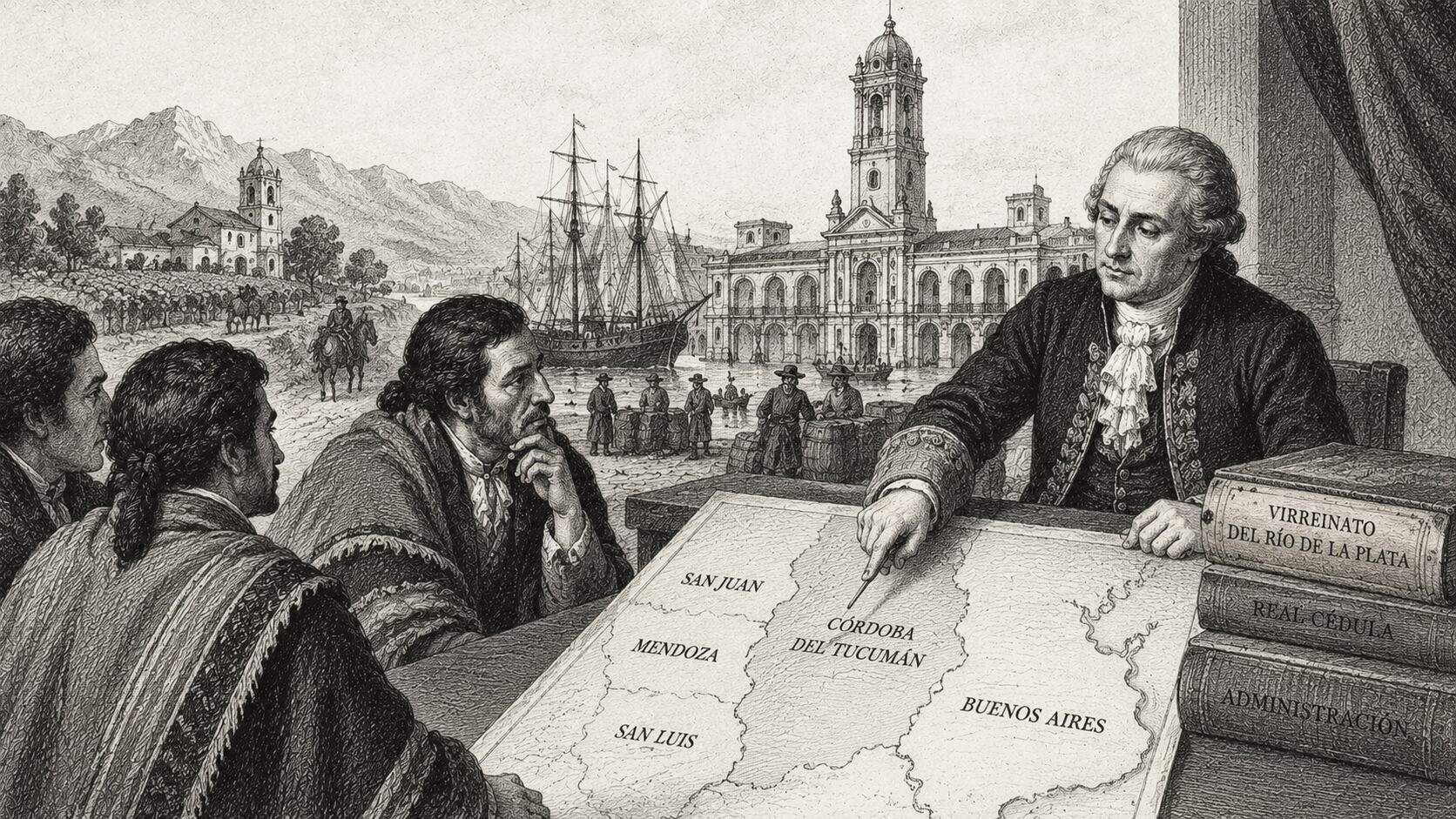 Representación de Cuyo durante el Virreinato del Río de la Plata, cuando Mendoza, San Juan y San Luis pasaron a depender políticamente de Córdoba del Tucumán y, a través de ella, de Buenos Aires. (Imagen generada con IA).
