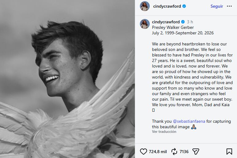El emotivo posteo que compartió Cindy Crawford para despedir a su hijo Presley. (Foto: Instagram / cindycrawford)