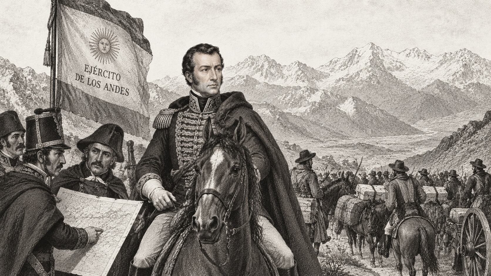 Representación de José de San Martín y el Ejército de los Andes, organizado en Cuyo como parte del plan para liberar Chile y continuar la campaña independentista hacia el Perú. (Imagen generada con IA).