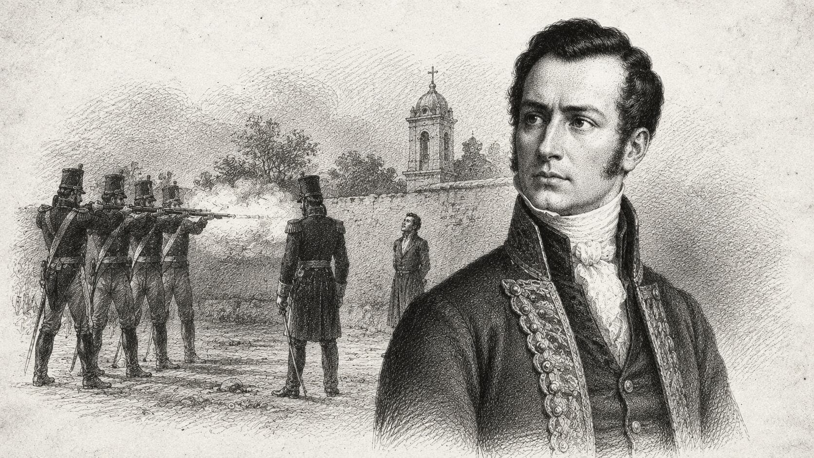 Representación del fusilamiento de los hermanos Carrera en Mendoza, en el marco de las violentas disputas políticas que atravesaron Cuyo a comienzos del siglo XIX. (Imagen generada con IA).